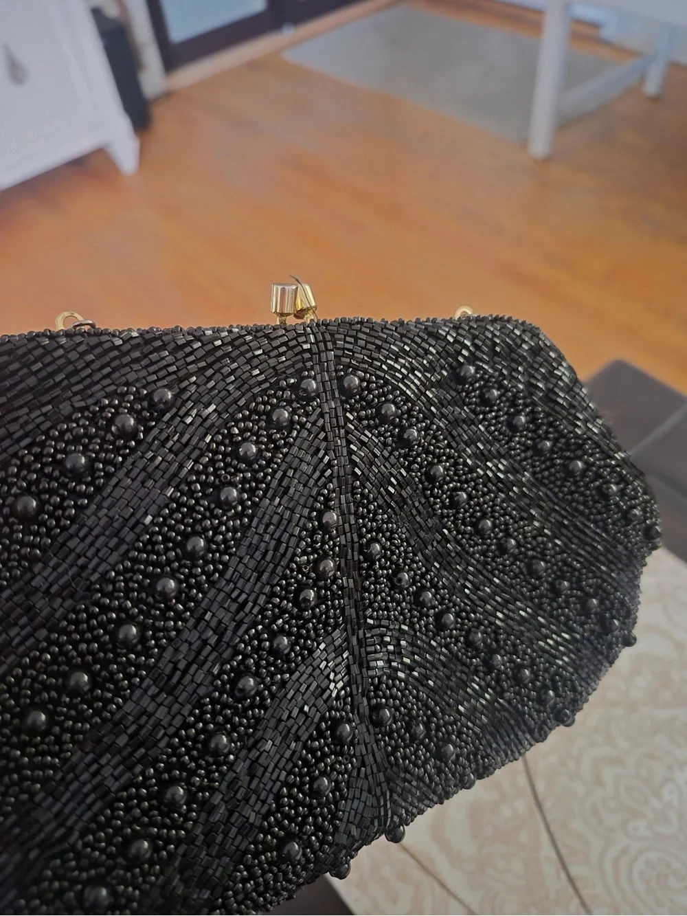 Vintage Black Beaded Evening Clutch with Chain Strap
